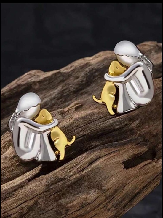 Silver and Gold Hugging Dog Stud Earrings - Picture 3 of 5